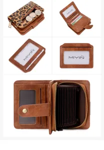 Detailansicht der Retro-Damenbrieftasche mit Leopardenmuster-Reißverschlusstasche.