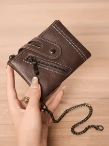 Men Vintage Short Wallet With Chain Dual Zipper Multi Card Slot Pocket PU Leather Retro Stitched Bifold Wallet Anti Theft Coin Purse