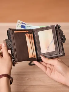Men vintage short leather wallet with double zippers multi-card slots and coin pocket anti-lost