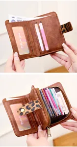Damen Vintage PU Leder Kurze Geldbörse mit Leopardenmuster Schnalle und Kartenfächern Reißverschluss