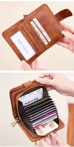 Detailansicht des braunen Damen Kurzgeldbörse im Vintage-Stil mit Fächer-Kartenfächern innen.