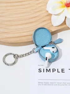 Estuche de cuero para auriculares llavero monedero con cremallera portatil azul