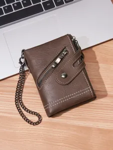 Mens Short Vintage Leather Wallet with Metal Chain Double Zipper Multi Card Coin Purse