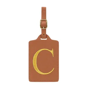Étiquette de bagage en cuir PU marron avec lettre C brodée dorée et boucle en métal