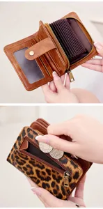 Detailansicht der Damen Kurzgeldbörse, retro Leo-Muster Fächerkartenhalter mit Münztasche.
