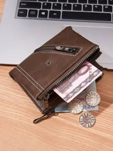 Men vintage short wallet double zipper leather card holder multi-functional coin purse