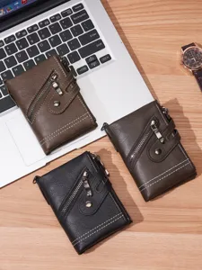 Men's short vintage wallet double zipper multi-card slot coin purse with chain.