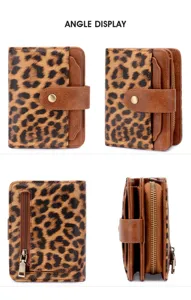 Detailansicht der Damenbrieftasche mit Leopardenmuster, Kartenfächern und Reißverschluss.