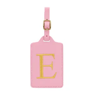Etichetta per valigia in pelle PU rosa con lettera E ricamata in oro e fibbia viaggio.