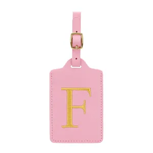 Etichetta bagaglio in pelle PU rosa con lettera F ricamata dorata, porta nome da viaggio elegante.