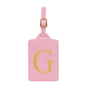 Etichetta per valigia in pelle PU rosa con lettera G ricamata in oro, accessorio da viaggio.
