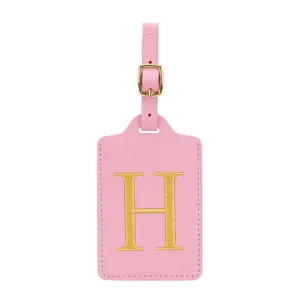Etichetta bagaglio in pelle PU rosa con lettera dorata ricamata H e fibbia da viaggio.