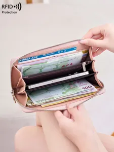 Γυναικείο πορτοφόλι RFID μακρύ πορτοφόλι μεγάλη χωρητικότητα θήκη καρτών ροζ τσάντα