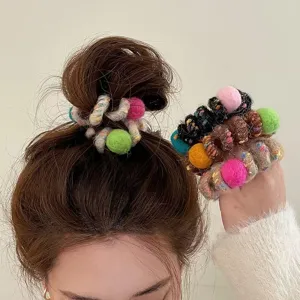 Minimalist Winter Wool Yarn Wrapped Telephone Cord Hair Ties Pom Pom Elastic Hair Bands Ponytail Holders For Women Girls