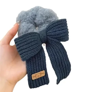Chouchou de cheveux nœud en tricot d'hiver pelucheux gris pour femmes et filles
