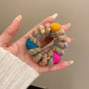 Autumn winter wool wrapped telephone hair tie, cute pom pom elastic hair accessories detail