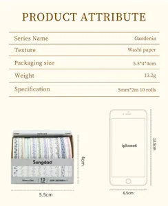 Vista dettagliata del nastro washi con 10 rotoli di nastro adesivo decorativo in una scatola.