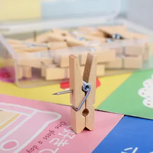 Set scatola mollette in legno con puntine, clip fotografiche creative con spille in metallo.