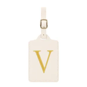 Étiquette de bagage en cuir PU portable avec design de lettre V brodée dorée voyage.