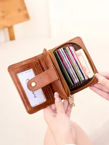 Damen Vintage braune kurze Geldbörse Akkordeon Kartenhalter mit Reißverschluss Münztasche