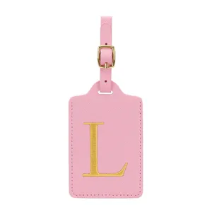Etichetta per valigia in ecopelle PU rosa con lettera L dorata, elegante porta nome ID.