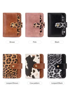 Damen Vintage Retro Leopard Kuhmuster Kartenhalter Geldbörse PU Leder mit Druckknopf