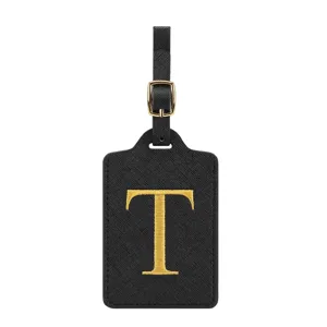 Schwarzes PU-Leder Gepäckanhänger mit goldener gestickter Buchstabe T für Koffer und Taschen.