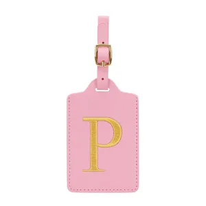 Elegante etichetta per valigia in pelle PU rosa con fibbia dorata e bella lettera P ricamata.