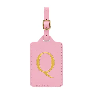 Etichetta bagaglio in pelle PU rosa con lettera Q ricamata dorata e fibbia per valigie.