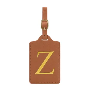 Étiquette de bagage en cuir PU marron avec lettre initiale monogramme brodée dorée voyage.