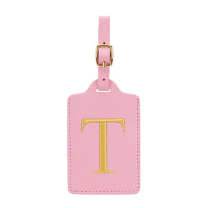 Etichetta per valigia in pelle PU rosa con fibbia dorata e lettera T, accessorio da viaggio.