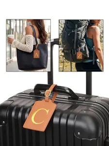 Etiquette de bagage en cuir PU avec lettre monogramme dore pour valise et sacs de voyage.