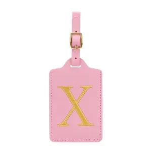 Elegante etichetta per bagagli in pelle PU rosa con lettera ricamata X per i vostri viaggi.