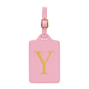Etichetta per bagaglio iniziale in pelle PU rosa con fibbia dorata e ricamo Y da viaggio.