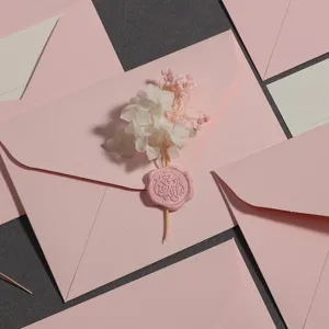 Rosa Retro Briefumschlag Briefpapier Set mit Trockenblumen und Siegelwachs für romantische Briefe.