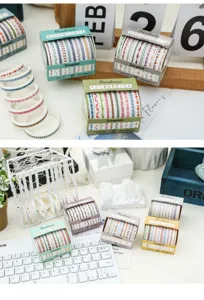 Set di nastro Washi sottile con bordo, nastro adesivo decorativo multicolore per diario.