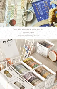 Details of colorful grid washi tape sets with decorative boxes, perfect for journaling.