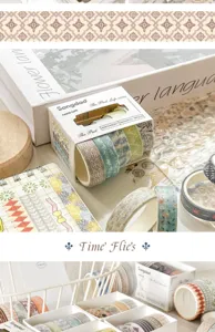 Japanese style washi tape set, aesthetic grid and botanical masking tapes for journal and crafts.