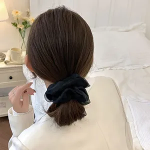 Detailfoto van een zwarte doorzichtige haarscrunchie, elegant Frans haaraccessoire in slaapkamer.