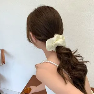 Detailopname van grote geplooide haarelastiek op paardenstaart, elegant haaraccessoire.