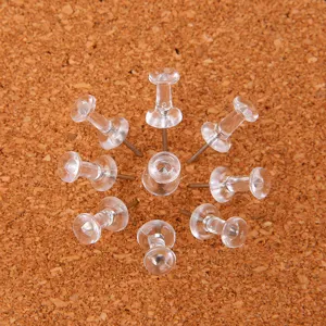Clear plastic push pins for corkboard, transparent thumbtacks for office, school, and home use.
