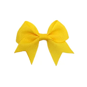 Yellow grosgrain ribbon swallowtail hair bow detail, cute children's hair clip accessory.