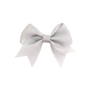 Close-up detail of a light grey grosgrain ribbon hair bow, textured fabric hair accessory.
