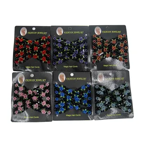 Detailed view of beaded magic hair combs with colorful rose floral designs and elastic double comb structure.