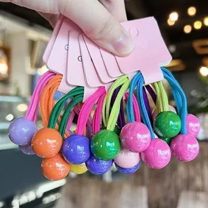 Kids Candy Color Double Ball Hair Ties High Elastic Hair Bands Handmade Geometric Beads Ponytail Holder Hair Accessories