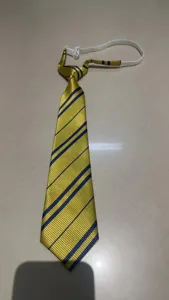 Yellow and blue striped JK DK student uniform pre-tied zipper necktie accessory.