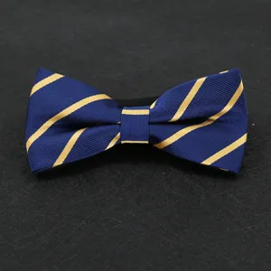 Men blue yellow striped business bow tie detail view for wedding suit shirt accessory item.