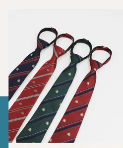 Close-up detail of striped pre-tied zipper ties with cute crests, ideal for JK style.