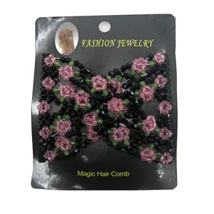 Beaded magic hair comb detail view, flexible double comb hair clip with pink flower beads for styling.