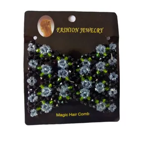 Detailed view of beaded magic hair comb, blue crystal rose design on black elastic.